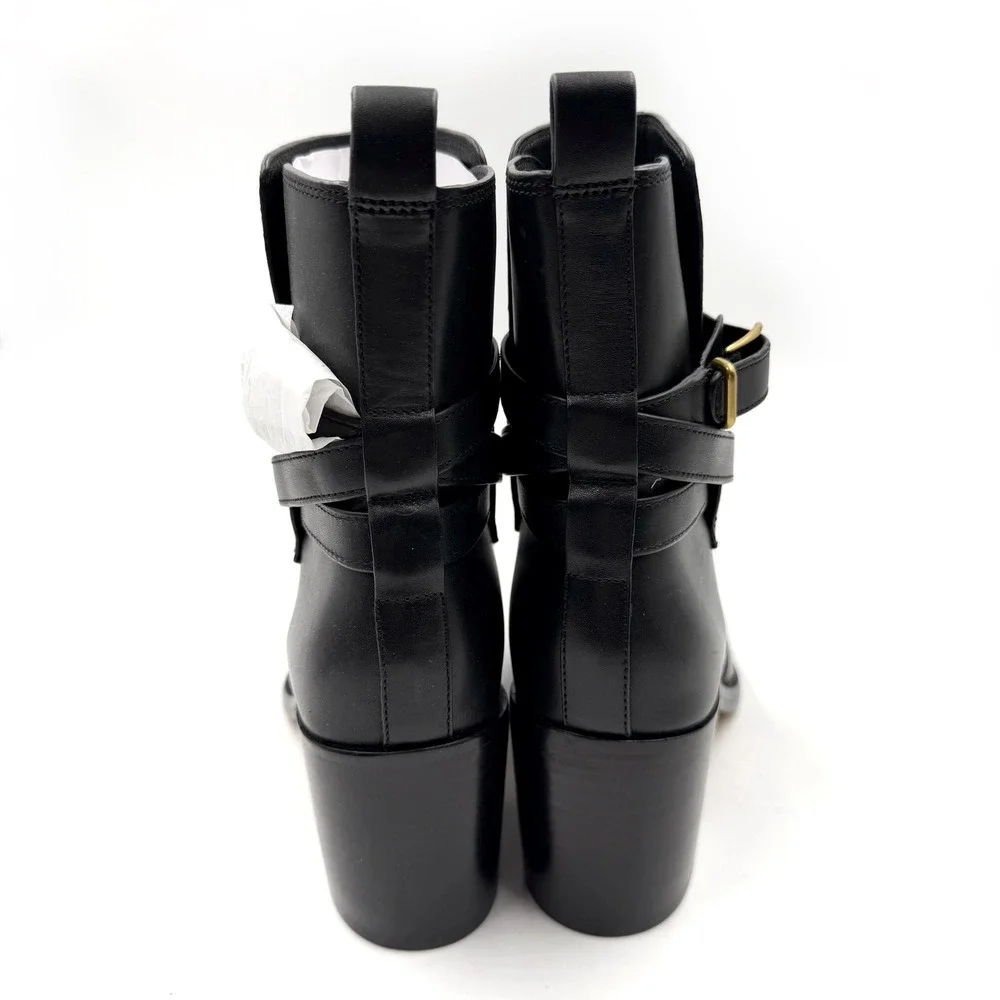 Veronica Beard Sohelia Low Boots Black Leather Buckle‎ Ankle Block Heel Sz 7.5